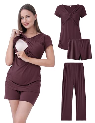 3-Piece Maternity Nursing Pajamas Set for Pregnancy & Postpartum - color: Dark Purple, size: Medium
