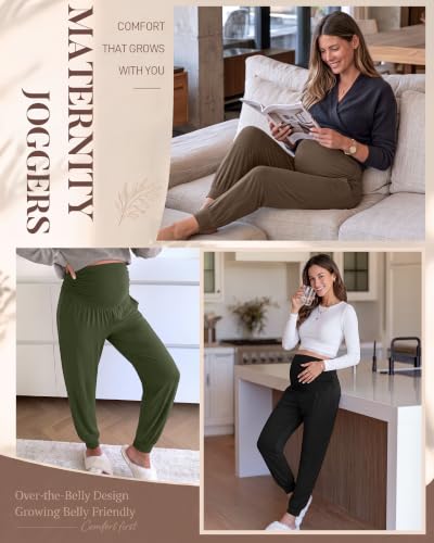Neer 3 Pack Maternity Joggers Lounge Sweatpants with Pockets - color: Black, Army Green, Light Coffee, size: Small