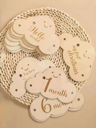A Set of Baby Monthly Milestone Signs,Newborn 1-12 Months Wooden Milestone Markers, Baby Growth Record Photo Atmosphere Props, Memorial Photo Prop,Babygirl Boy Essentials - color: Cloud Shape