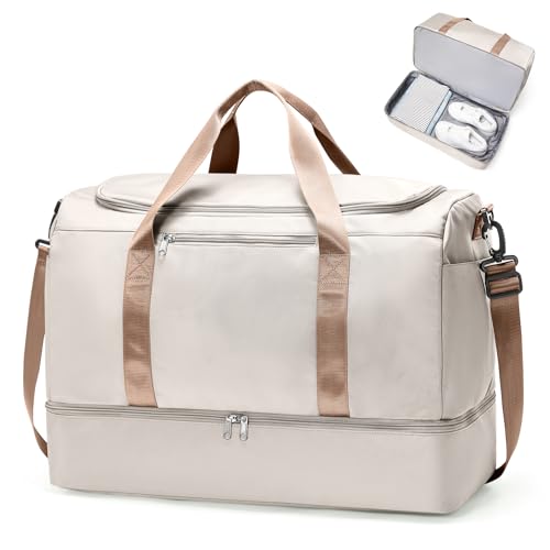Extra Large Travel Duffel Bag, Carry-On Weekender Bags for Women Travel - color: Beige & Brown, size: Extra Large