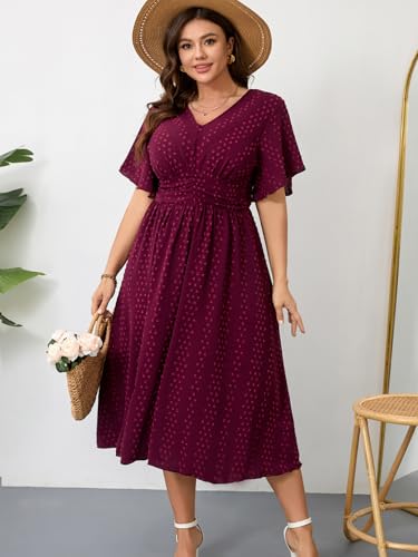 RWJ Women's Plus Size Maxi Dress V Neck Short Sleeve Swiss Dot Swing Summer - color: Wine Red, size: 3X-Large Plus