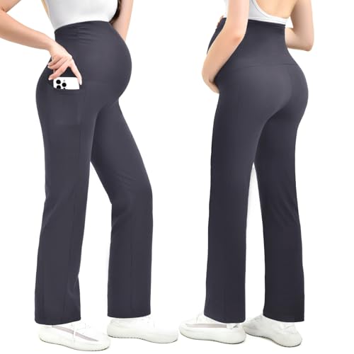Leafigure Maternity Wide Leg Pants Over Belly with Pockets - color: Grey, size: Medium
