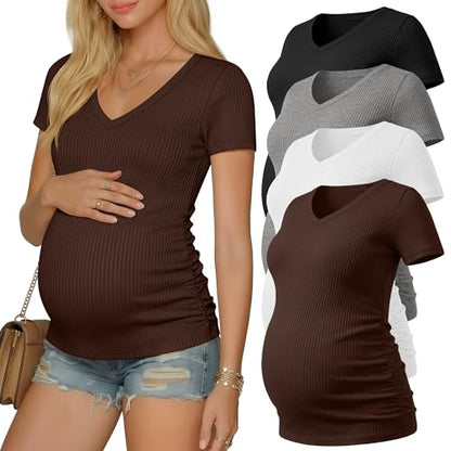 Neer 4 Pack Women's Maternity Shirts Short Sleeve - color: Black, Light Heather Gray, White, Coffee, size: Medium