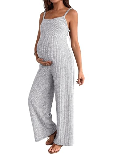 BLENCOT Maternity Ribbed Jumpsuit Stretchy One Piece Wide Leg Romper - color: Grey, size: Medium