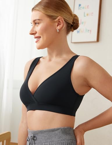 CRZ YOGA Maternity V Neck Nursing Bras - color: Black, size: Large