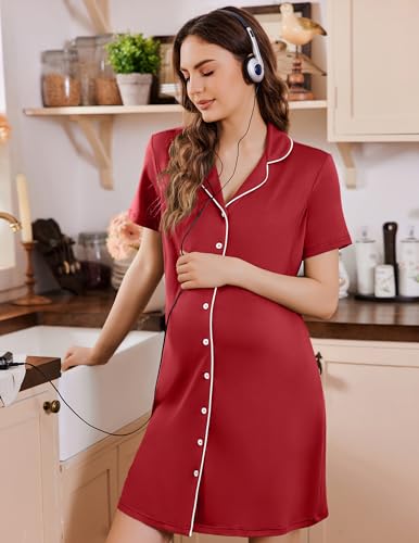 Labor and Delivery Gown Birthing Maternity Pajamas Nightgown Nursing Dress - color: Wine Red, size: Medium