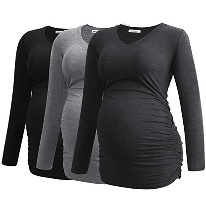Smallshow Women's V-Neck Maternity Shirt Clothes Long Sleeve Ruched Pregnancy Top - color: Black-deep Grey-light Grey(3 Pack), size: Medium