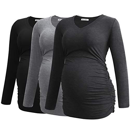 Smallshow Women's V-Neck Maternity Shirt Clothes Long Sleeve Ruched Pregnancy Top - color: Black-deep Grey-light Grey(3 Pack), size: Large