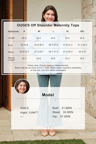OUGES Womens Cotton Blend Off The Shoulder Maternity Tops Smocked Ruffle Sleeve Blouse Going Out Pregnancy Shirts 2025 - color: Light Blue, size: Small