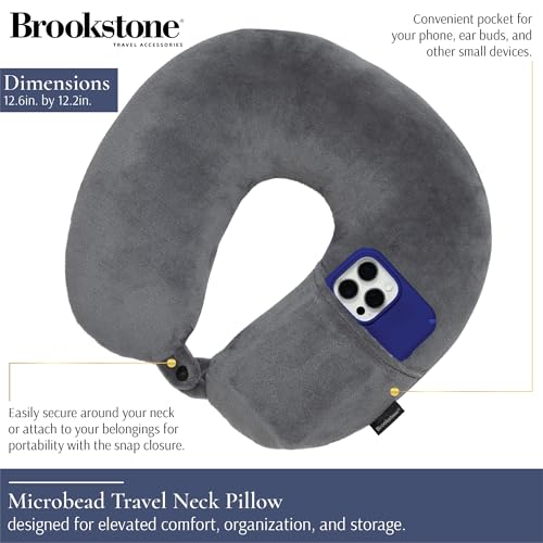 Brookstone Microbead Neck Pillow Soft Travel Pillow with Phone Pocket - color: Dark Grey