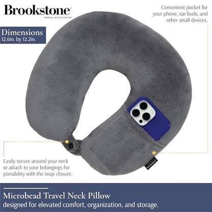 Brookstone Microbead Neck Pillow Soft Travel Pillow with Phone Pocket - color: Dark Grey