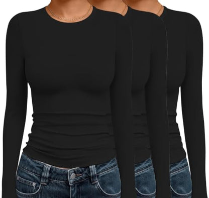 3 Pack Long Sleeve Shirts for Women Basic Crew Neck Tops Thermal T-Shirts - color: Black/Black/Black, size: Small