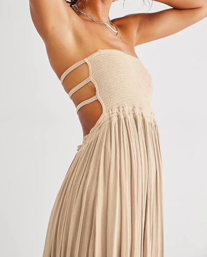 R.Vivimos Womens Summer Boho Sexy Backless Long Dresses - color: Apricot, size: Small
