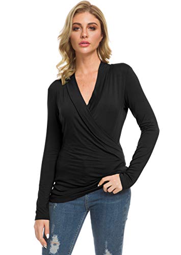 Afibi Womens Slim Fitted Deep V Neck Cross Wrap Top Long Sleeve T-Shirts - color: Black, size: Medium