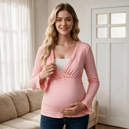OUGES Women's Maternity Shirts Long Bell Sleeve Casual V Neck Tops Fall Fashion Textured Pregnancy Blouse - color: Pink, size: Small