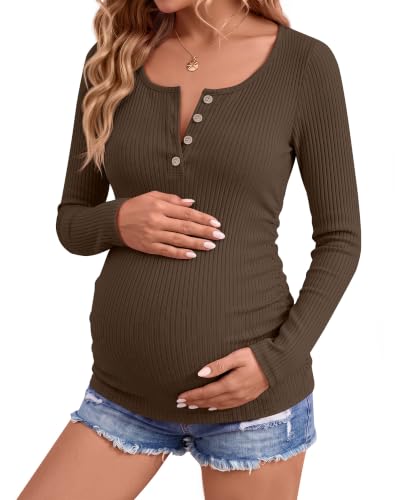 Maternity Long Sleeve Shirt Pregnancy Top - color: Coffee, size: Medium