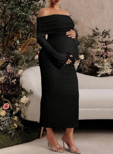 BLENCOT Womens Off Shoulder Flare Sleeve Split Bodycon Maternity Dress - color: Black, size: Medium