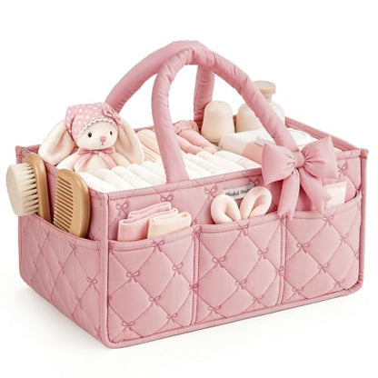 Blissful Diary Baby Diaper Caddy Organizer, Nursery Basket, Bow Light Pink - color: Bow Light Pink
