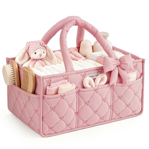Blissful Diary Baby Diaper Caddy Organizer, Nursery Basket, Bow Light Pink - color: Bow Light Pink