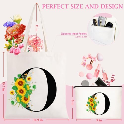 Andeiltech Initial Canvas Tote Bag Sunflower Letter Personalized Makeup Bag Monogrammed Gift for Bridesmaids Birthday Wedding - color: Sunflower Letter_o