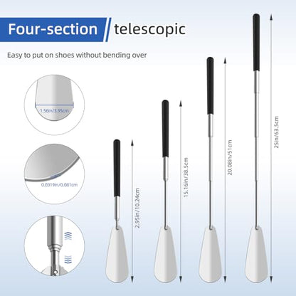 Shoe Horn Extra Long Handle, Telescopic Metal Adjustable Length 3" to 25"