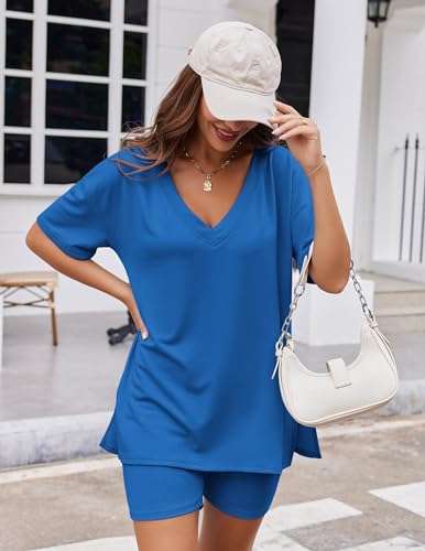 Ekouaer Womens 2 Piece Lounge Set Oversized V Neck Top Biker Short Pajamas - color: Blue, size: Medium