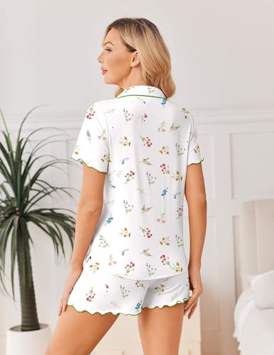 Ekouaer Womens Pajama Sets Bamboo Viscose Button Up Pjs 2 Piece Lounge Set - color: White Floral, size: Medium