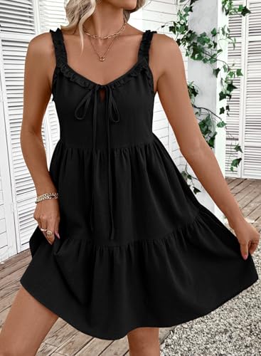 BLENCOT Maternity Dress Sleeveless Tie-Front Ruffle Strap Smocked Tiered Midi Dress with Pockets - color: Black, size: X-Large