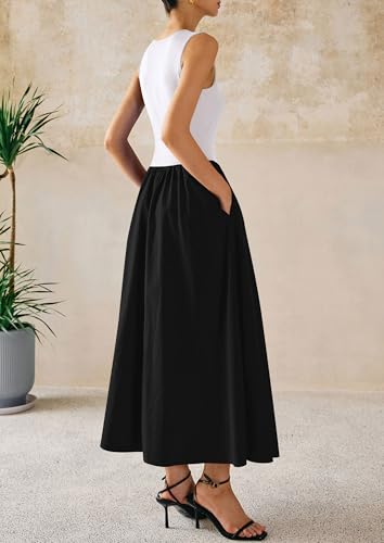 PRETTYGARDEN Pleated Maxi Dresses for Women with Pockets - color: Black White, size: XX-Large