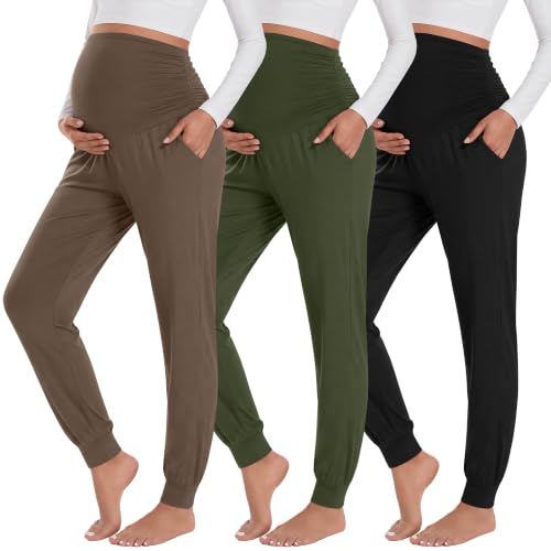 Neer 3 Pack Maternity Joggers Lounge Sweatpants with Pockets - color: Black, Army Green, Light Coffee, size: Medium