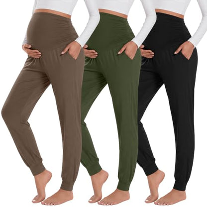 Neer 3 Pack Maternity Joggers Lounge Sweatpants with Pockets - color: Black, Army Green, Light Coffee, size: Large