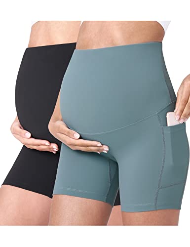 POSHDIVAH Maternity Biker Shorts Over the Belly with Pockets 5"/8" - color: Black Light Green, size: Medium