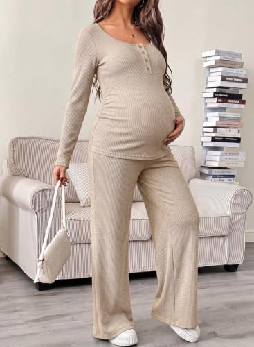 BLENCOT Maternity Clothes Ribbed Long Sleeve Sets Button 2 Piece Outfits - color: Apricot, size: Small