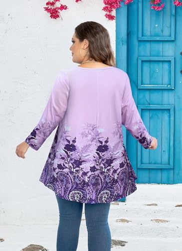 Plus Size Tops Womens Swing Tunic 3/4 Sleeve Flowy Long Blouses - color: Lavender Tunic Tops, size: 6X-Large