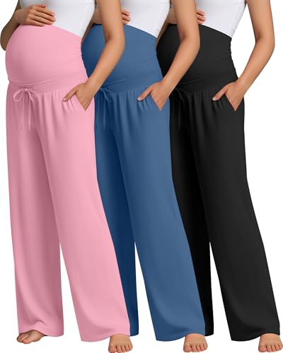 Oakgarden 3 Pack Women's Maternity Pants Over Belly - color: Black, Denim Blue, Pink, size: Large