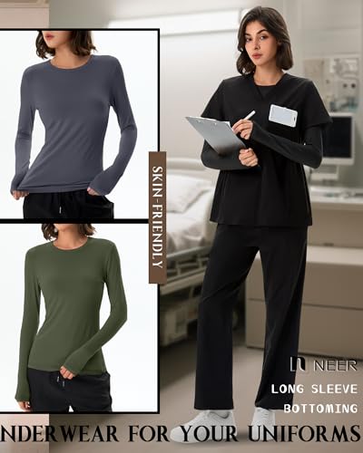Neer 3 Pack Womens Long Sleeve Underscrub Shirts - color: Black, Dark Gray, Army Green, size: Medium