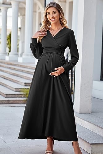 OUGES Women's Wrap Pregnancy Maxi V Neck Fall Baby Shower Maternity Dress - color: Black, size: Small