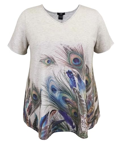 LEEBE Women and Plus Size Short Sleeve Printed Swing Tunic Top (Small-5X) - color: 25feather / Lt Grey, size: 1X