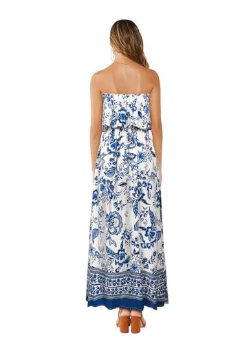 ZMPSIISA Womens Summer Off Shoulder Maxi Dress Strapless Boho Long Dresses - color: A-flower Blue, size: Medium