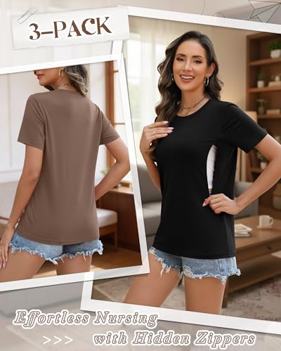 3 Pack Women's Nursing Shirts - color: Coffee, White, Black, size: X-Large