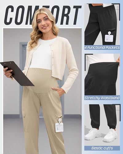 3 Pack Maternity Scrub Cargo Jogger Pants - color: Black, Dusty Purple, Apricot, size: X-Large