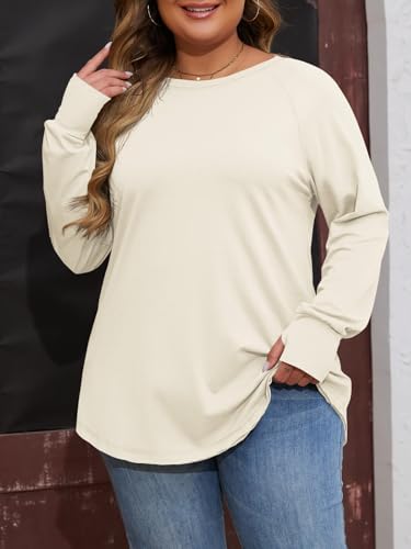 Womens Plus Size Long Sleeve Tunic Tops Crew Neck Oversized Fit T Shirts - color: Beige, size: 5X-Large