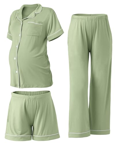 Rnxrbb Button Down Maternity Pajamas Set Nursing Postpartum Pjs Clothes - color: New-greyish Green, size: X-Small