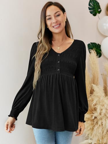 FMEYOA Maternity Tops V Neck Puff Sleeve Smocked Button Maternity Shirts - color: Black, size: Small