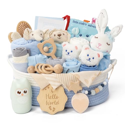 30 Piece Baby Gift Basket – Luxury Curated Baby Gift Basket for Newborn - color: White blue