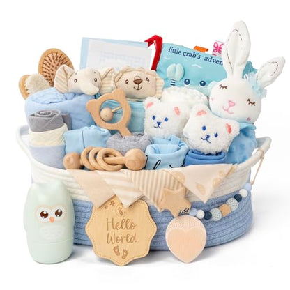 30 Piece Baby Gift Basket – Luxury Curated Baby Gift Basket for Newborn - color: White blue