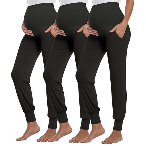 AMPOSH Women's Maternity Pants Stretchy Lounge Workout Sweatpants Casual Loose Comfy Pregnancy Joggers with Pockets - color: Black/Black/Black, size: Large