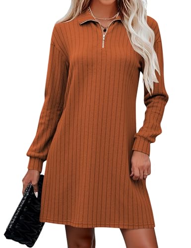 Naggoo Womens Fall Long Sleeve Dresses Collared V Neck Sweater Mini Dress - color: Caramel, size: Medium