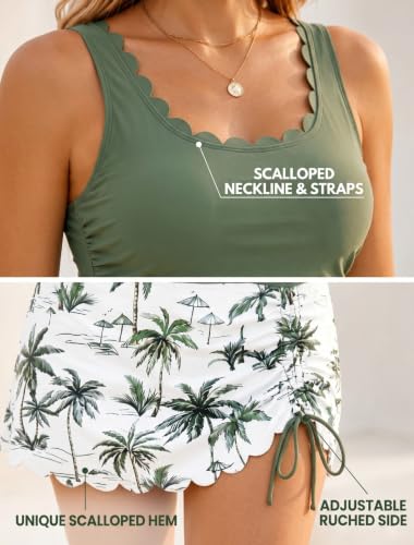 Daci Womens Tankini Swimsuit with Skirt 2 Piece Tummy Control Bathing Suit - color: Green Palm Tree, size: 18 Plus