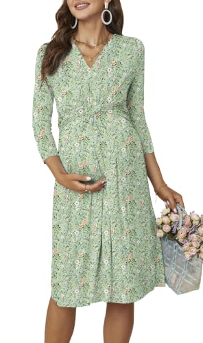 Fall Maternity Midi Dress V Neck 3/4 Sleeve Baby Shower - color: Green Floral, size: Medium
